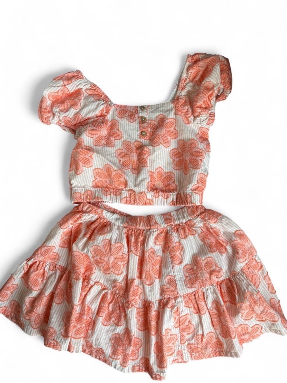 Cottons girls Floral Two-Piece Crop Top & Skirt Set — Coral on White